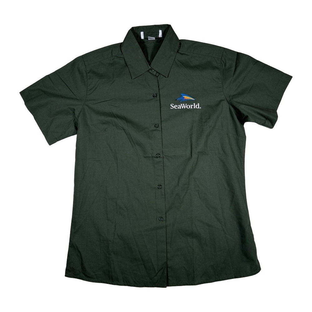 SeaWorld Uniform Shirt Short Sleeve Green Mens MD Embroidered Logo Work